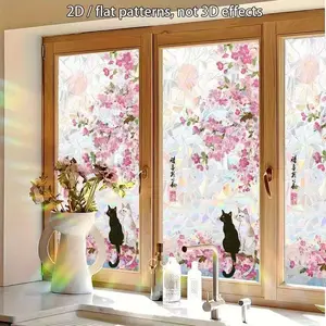 Eastern Style Scroll Static Decal Featuring Two Cats & Cherry Blossoms, Privacy Glass Sticker for Living Room, No Glue Needed