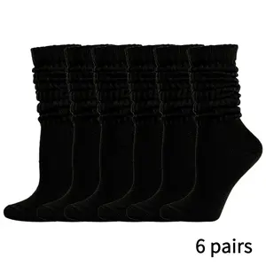 6 pairs of soft ribbed pile socks. Solid color trendy pleated long tube socks, breathable and sweat absorbing socks, fashionable and casual versatile elastic socks