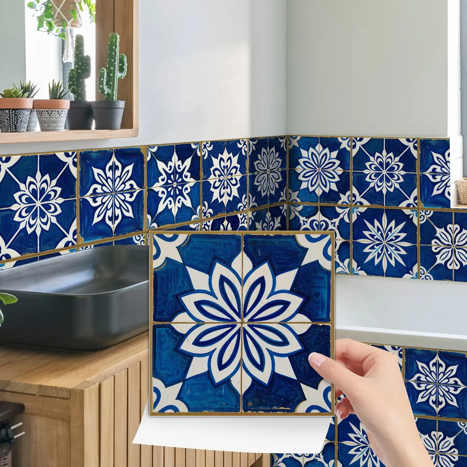 24PCS/Box NHZ Royal Blue & Gilded Vintage Floral Geometric Crystal Film Tile Stickers | Peel & Stick Waterproof Oil-Proof for Kitchen Backsplash/Bathroom/Furniture/Stairs Wall Sticker