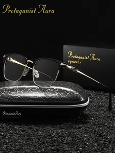 Protagonist Aura Fashionable And Artistic Half Frame Anti Blue Light Glasses, Unisex Decorative Glasses, Square Frame, Versatile Daily Travel Essential, Stylish Protective Glasses