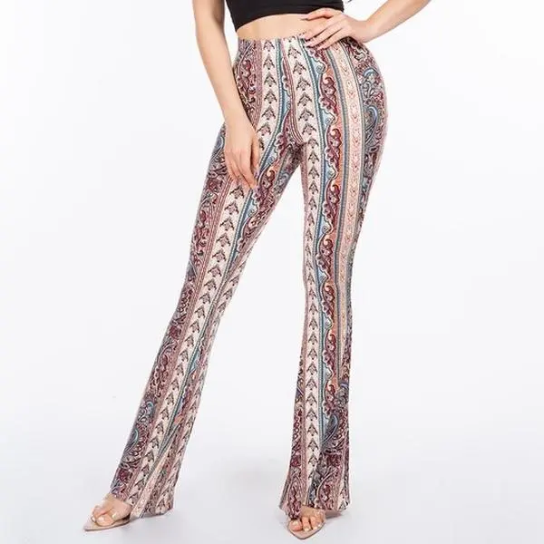 Mauve Boho Floral Paisley Flared Long Pants