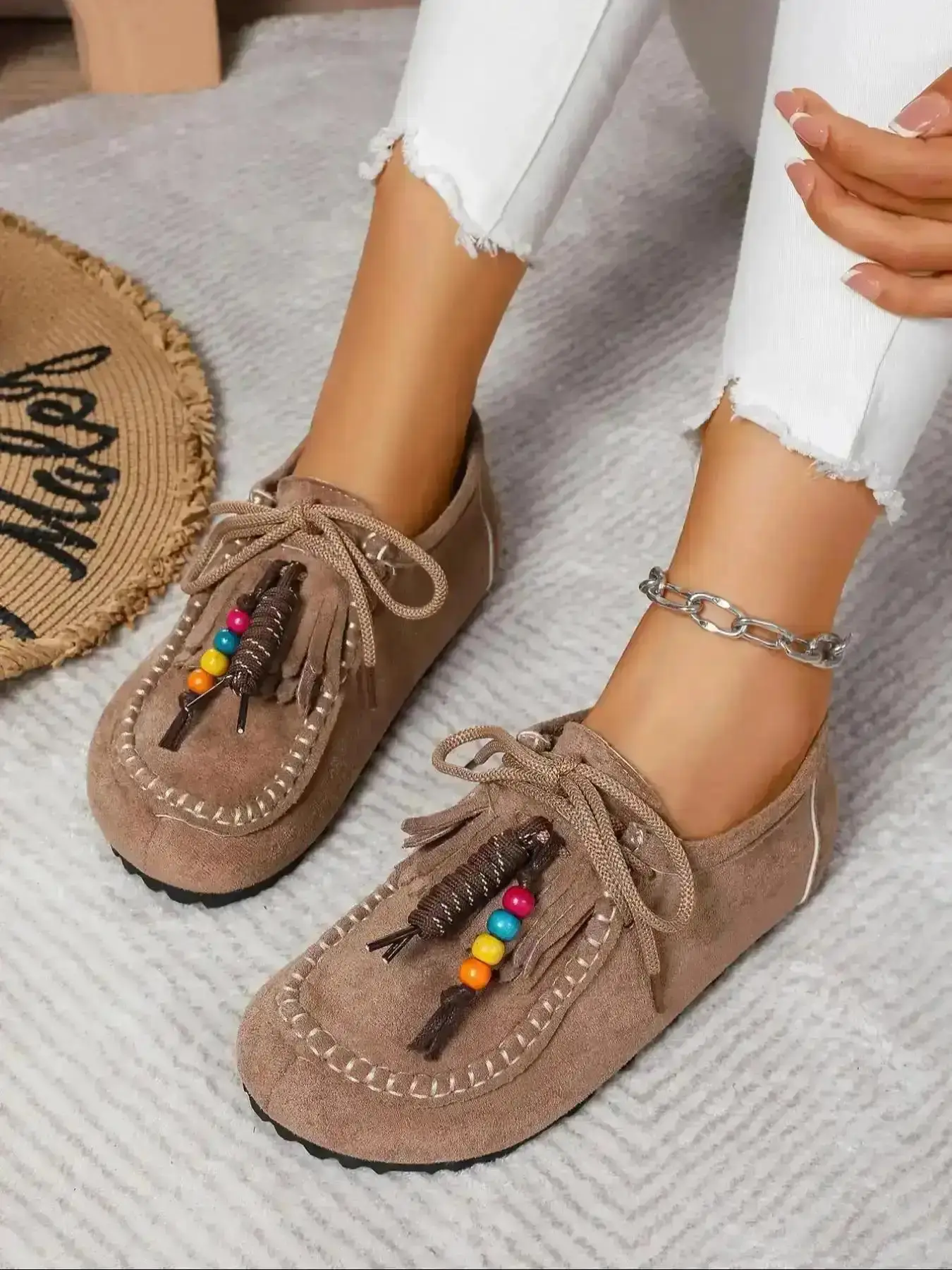 New Women's Round-Toe Outdoor Fitness Shoes with Arch Support Daily Beaded Tassel Moccasins for Women Retro Comfort Walking Flats Clogs workplace practical daily style Light smart work footwear Stylish Loaf Multi Purpose