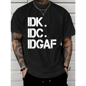 IDK IDC IDGAF Print Men'S Short Sleeve Casual T-shirt, Crew Neck Tee Tops, Summer Outdoor Daily Wear