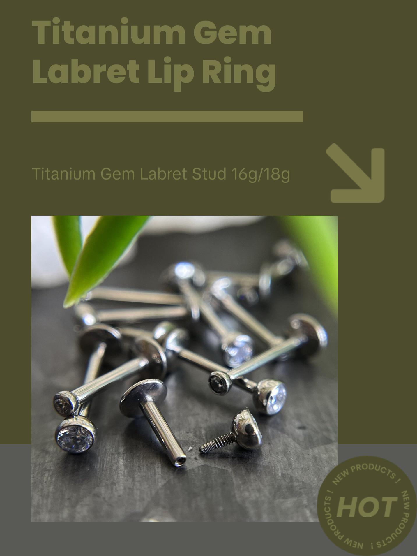 1 Piece of Internally Threaded Solid Titanium Bezel Gem Labret Stud Lip Ring - 16g or 18g - Gem Size: 2 or 3mm - Lengths - 6mm, 8mm or 10mm!