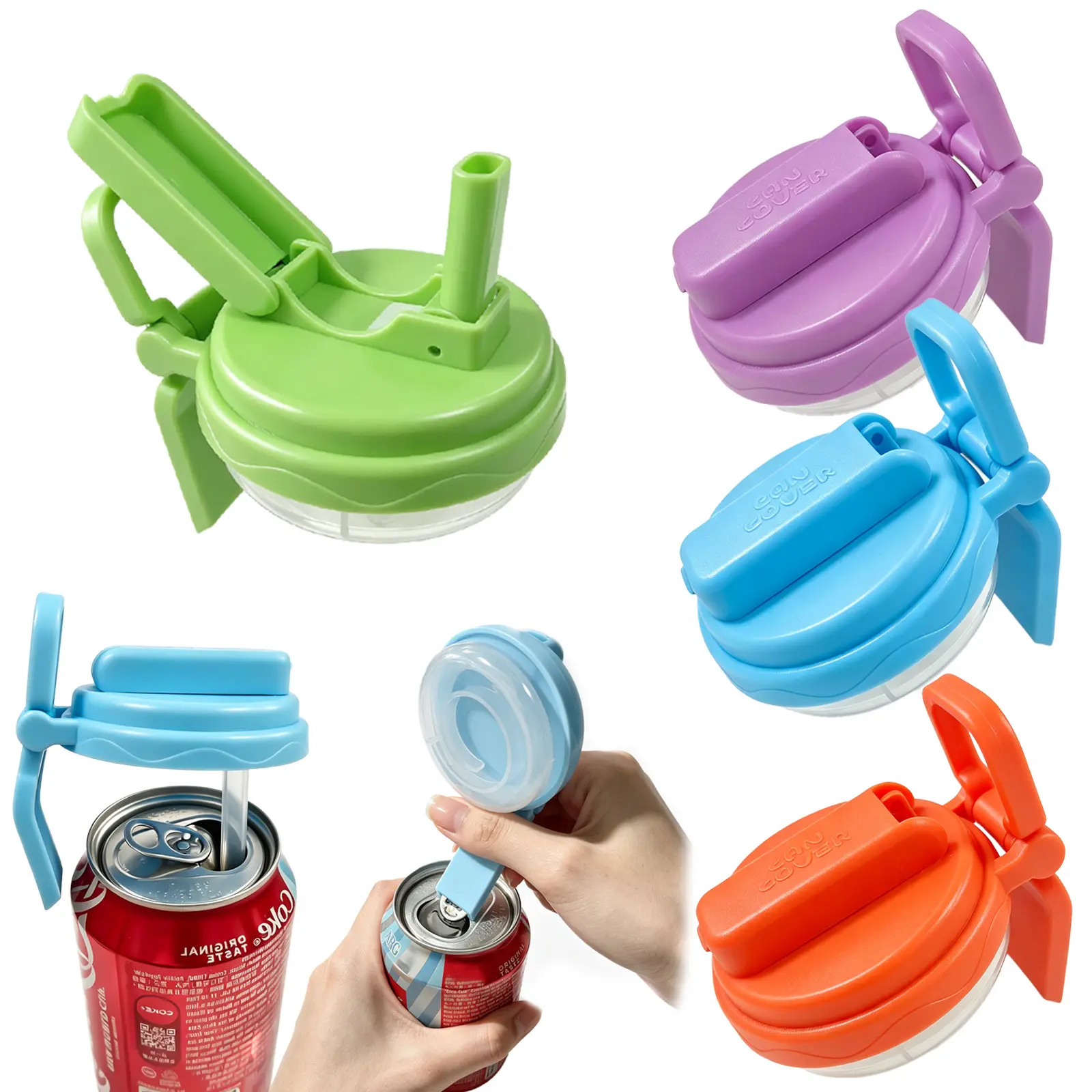 Soda Can Lids with Straws 4 Pack, Reusable Soda Can Covers with Handle & Soda Can Opener, Short & Long Straws, Dual-Rim Fit for Most Standard Cans