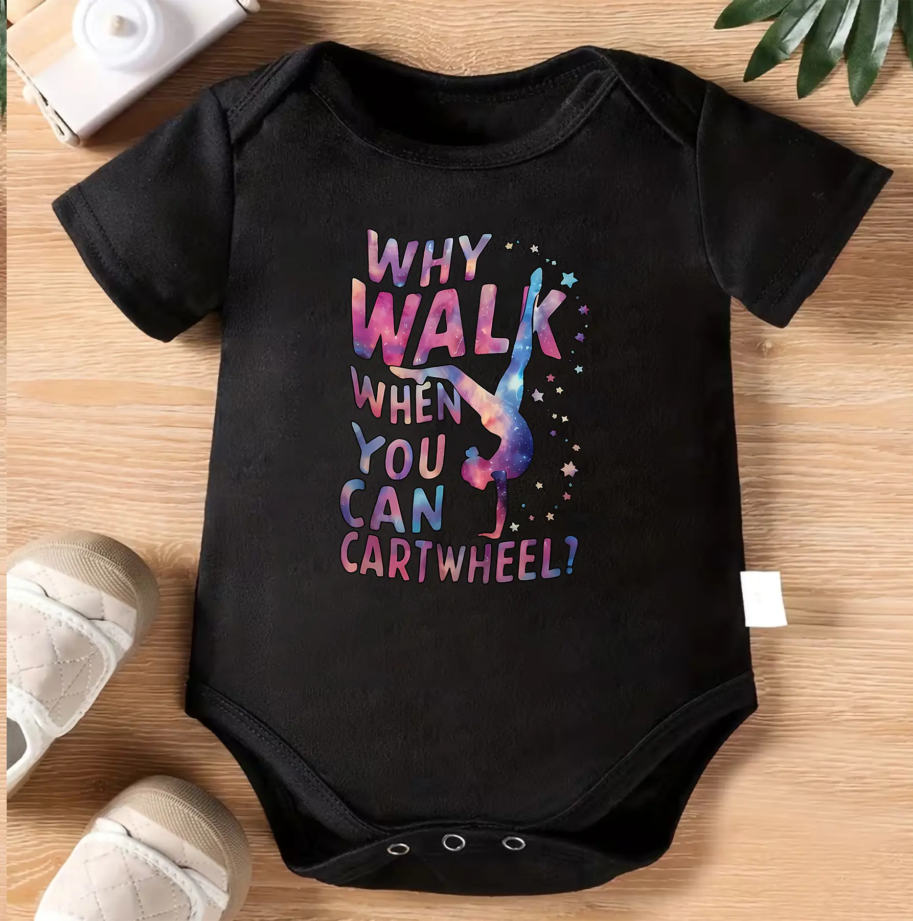 1pc Baby Crawling Suit - Light Blue Onesie with "Why Walk When You Can Cartwheel?" Print - Soft Cotton Outfit for Newborns & Toddlers 0-3 Years - Perfect Gymnastics Gift - Machine Washable Infant Wear