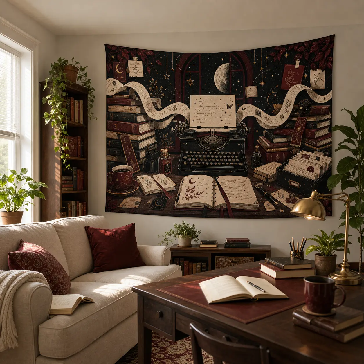 Reading and Writing Tapestry, Lightweight Linen Fabric, Black Literary Desk Wall Hanging with Books and Typewriter, Cozy Wall Decor for Bedroom, Study or Dorm