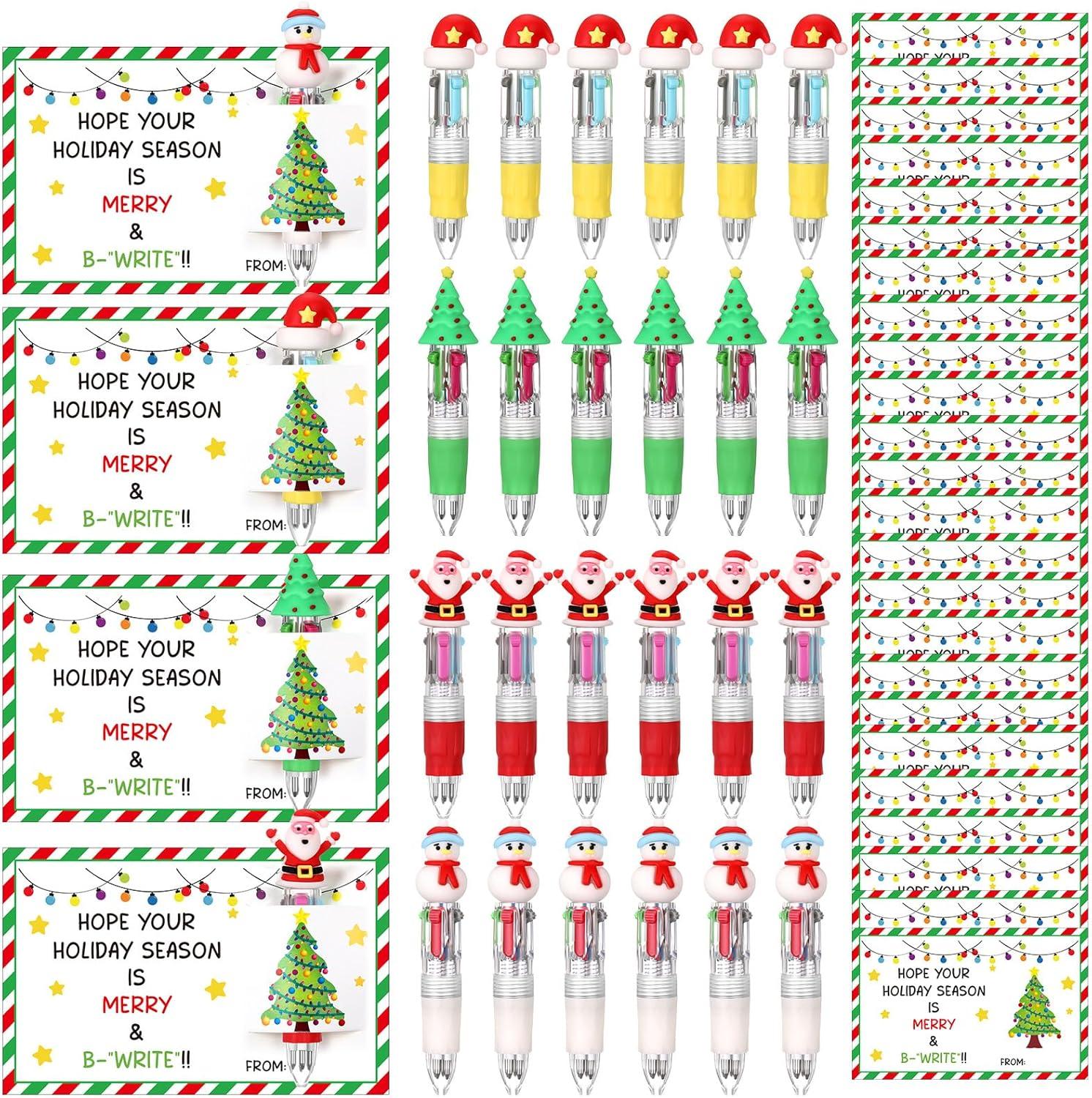 100PCS Christmas Multicolor Animal Ballpoint Pens Bulk - 4-in-1 Retractable Compact Multiple-Function Holiday Writing Pens with Gift Cards for School Classroom Rewards, Party Favors, Stocking Stuffers