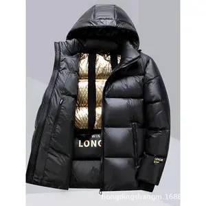 Bmuvlss Men'S Luxury Short Puffer Coat with Duck Down Insulation - Thick Cold-Proof Winter Jacket, Shiny Black & Golden Lettering, Hooded Collar & Pockets, No-Wash Easy Care, Casual to Formal Outerwear for Men (Regular Fit, Non-Stretch Fabric)