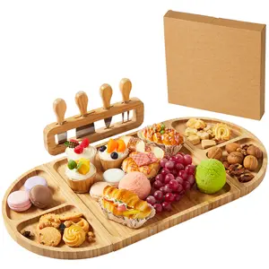 Magnetic Wooden Cheese Board Set – Extra Large 3-in-1 Oval Meat Board Board Platter with 4 Stainless Steel Knives, Knife Holder & Compartments – Rustic Wooden Serving Tray for Cheese, Crackers, Meat, Fruit, Parties & Weddings