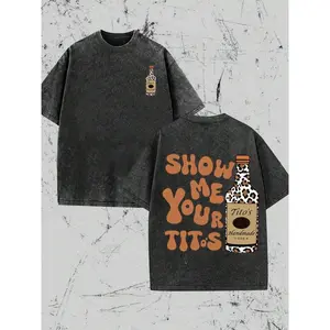 Leopard Print Elements, SHOW ME YOU TITOS Humorous Text Memes, Men's Washed Double-Sided Printed Vintage T-Shirt, Women's Machine Washable And Washable Old T-Shirt,Durable And Comfortable Fabric, Street Fashion Sense,Suitable For Daily Commuting