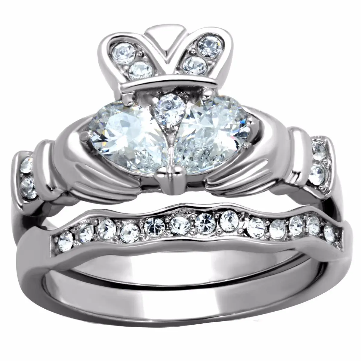 Lanyjewelry Women's 2-Piece Claddagh Heart Signet Stackable Rings, 6x4mm Pear Cut Cubic Zirconia Center, Stainless Steel Rhinestone Ring Set, Ideal Everyday Gift for Jewelry Lovers, Heart Signet Ring