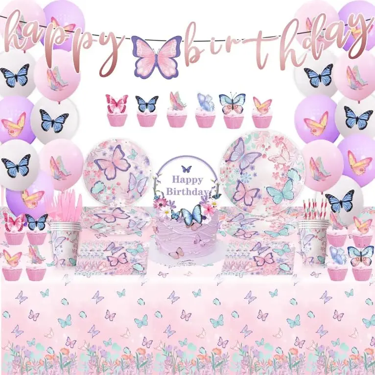 Butterfly Party Decorations, Set Inlcudes Forks, Cups, Plates, Napkins, Banners, DIY Painting, Photo Props, Cake Topper, Balloons, Banners, Serves 20,185pc