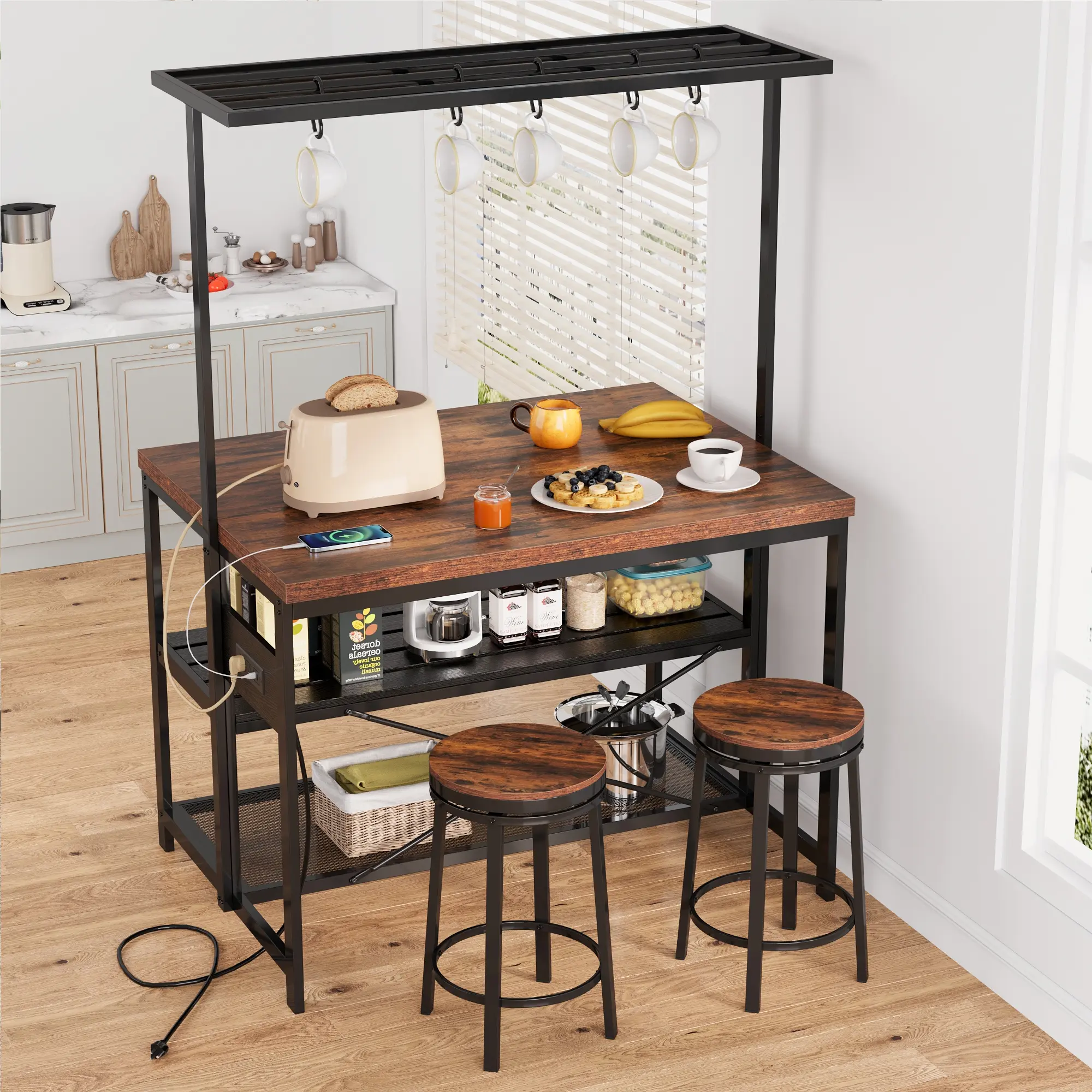 47'' Large Kitchen Island with Power Outlet, Bakers Rack with Storage, Island Table for Kitchen, 3 Tier Microwave Stand Oven Shelf, Storage Shelf for Kitchen Dining Room Living Room, 5 Hook