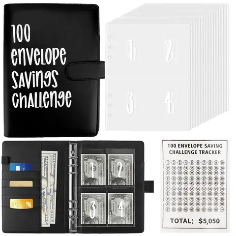 【CLOUDSEA】A5 Polyurethane Binder Finance Checklist Organizer - 100 Cash Envelopes, Waterproof PVC, Rectangular Home Supply Piggy Bank Tool for $5,050 Savings Challenge Tracker, Easy Saving Process, Effective Finance Management