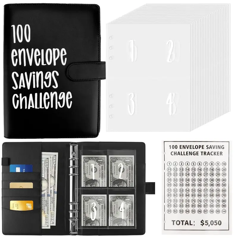 【CLOUDSEA】A5 Polyurethane Binder Finance Checklist Organizer - 100 Cash Envelopes, Waterproof PVC, Rectangular Home Supply Piggy Bank Tool for $5,050 Savings Challenge Tracker, Easy Saving Process, Effective Finance Management