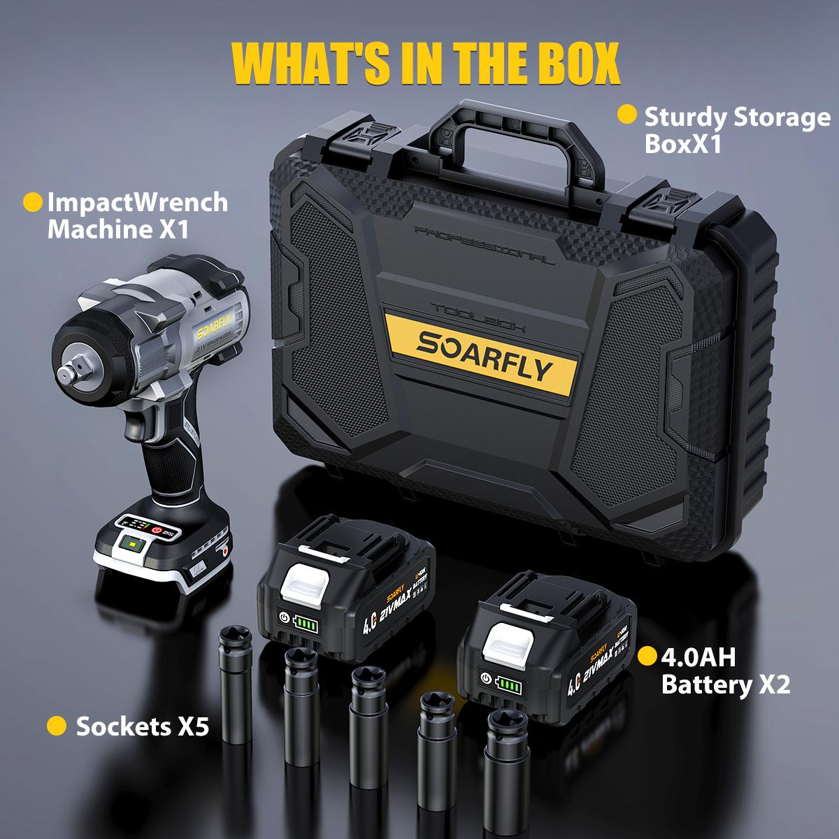 SOARFLY 900NM Electric Wrench For Automobiles, Car, Trucks, With 2x 4.0Ah Batteries, Fast Charger,  5 Sockets