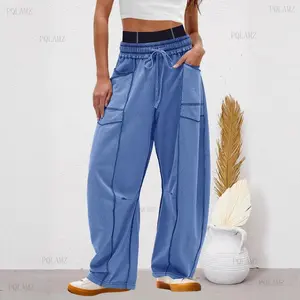 2026Womens Baggy Barrel Pants Wide Leg Lounge Drawstring Sweatpants with Pockets camouflage  overalls Womenswear Bottom