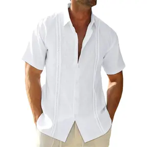 Mens Linen Cuban Guayabera Shirts Button Down Short Sleeve Shirt Cotton Hippie Summer Beach Vacation Shirts