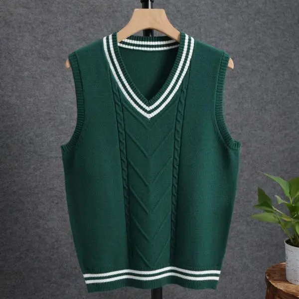 Men's Sweater Knitted Vest & Halloween Gifts for Men Green New Style Casual Sleeveless Sweater Vest V-neck Knitted Short Woolen Vest for Menswear Knitwear Pullover Tops  Overall Fashion Stylish Fabric Tractor Stripe Striped  back-to-school preparations