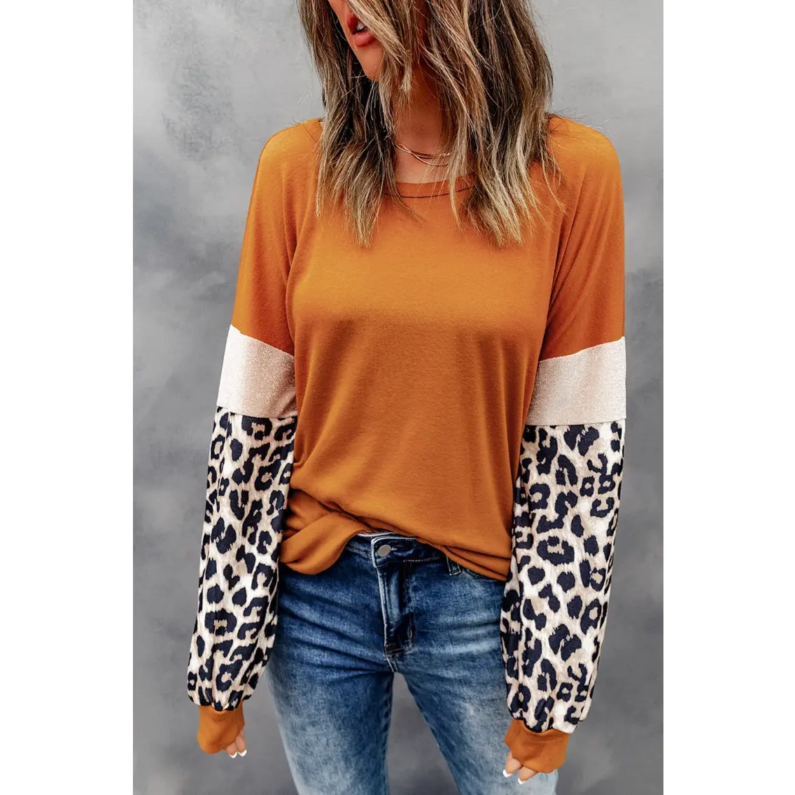Brown Leopard Sequin Patchwork Long Sleeve Top