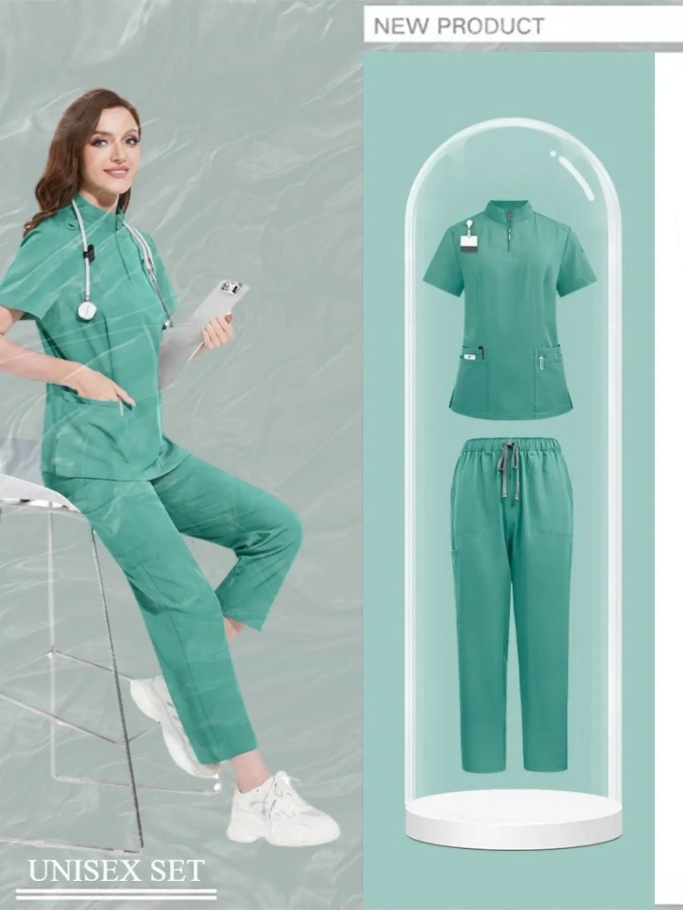 Unisex Lightweight Quick Dry Stand Collar Long Sleeve Solid Color Pants Hand Wash Clothes Pet Doctor Nursing Wear Pet Grooming Attire