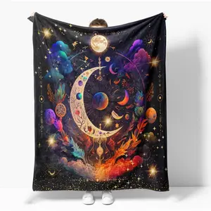 Sun Moon Stars Boho Throw Blankets Celestial Blankets Double-Sided Polyesters Home Decor Bedding Chair Couch Recliner Cover Hippie Room Decor Black
