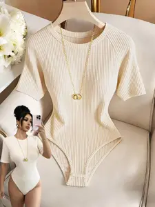 Summer Beach Knit One-Piece Top for Women, Casual Vacation Wear, Ribbed Design, Tight-Fitting, Ideal for Spring & Summer