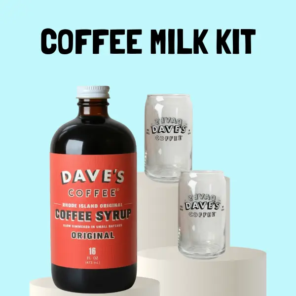 Dave's Coffee Original Milk Kit - 16 oz Rhode Island Cane Sugar Coffee Syrup, Logo Can Glasses, Beverage Set