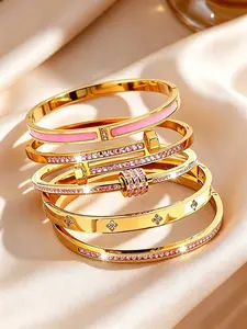 5 Pcs Zircon Stainless Steel Bracelet Set, Elegant Party Jewelry for Women, Perfect for Daily Wear and Stacking, Stackable Bracelets, Ideal Birthday Gift