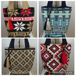 Minimochilon Wayuu Hand Made Artisan Tote Bag with Vibrant Geometric Patterns and Tassel Accents for Stylish Everyday Use