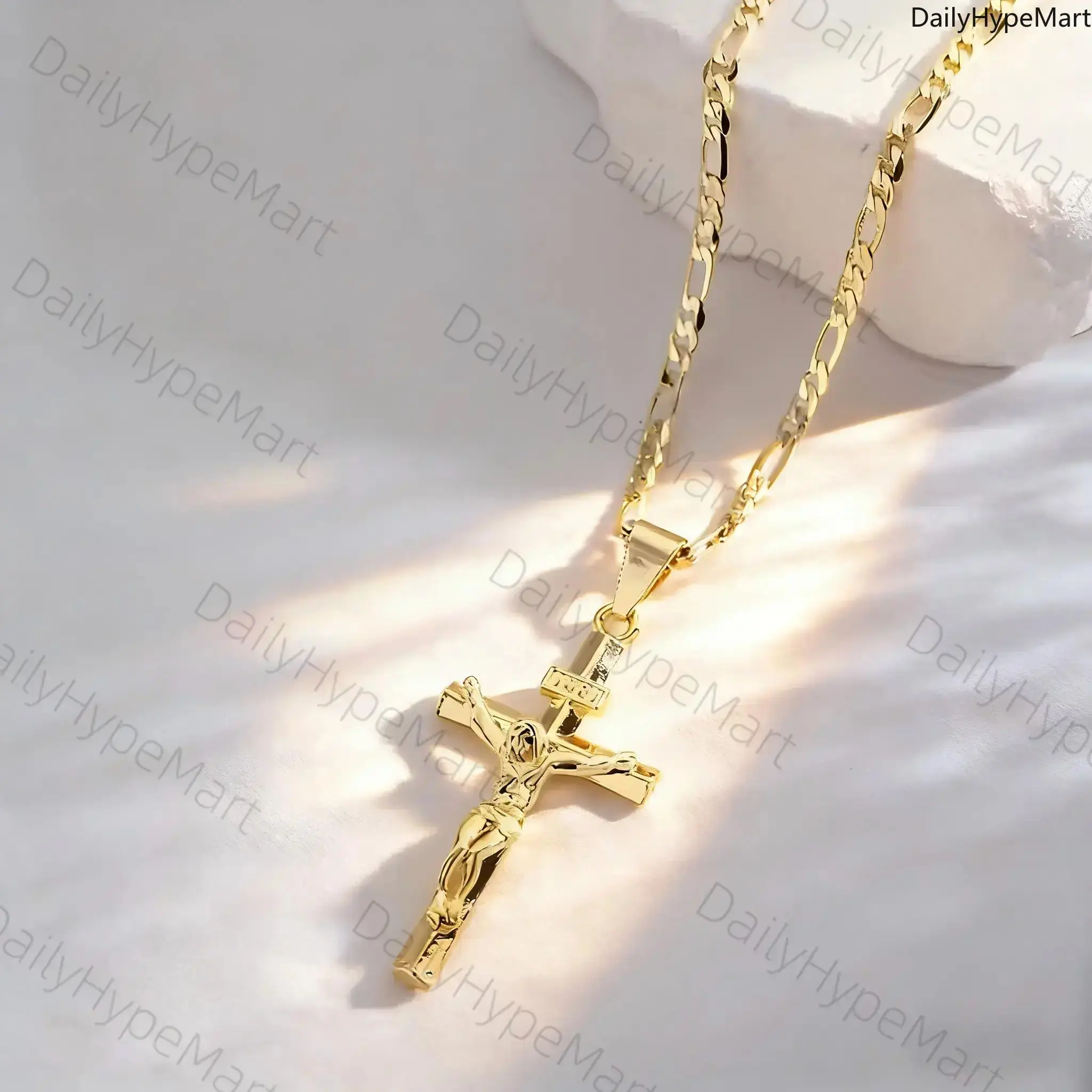 14K Gold-Plated Vintage Jesus Cross Pendant Necklace - Men's Accessories, Accessories Adults, Cross Charm, Prayer Symbol, Smooth Finish, Durable for Prayer, Holidays