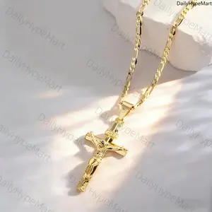 14K Gold-Plated Vintage Jesus Cross Pendant Necklace, Durable for Prayer & Holidays