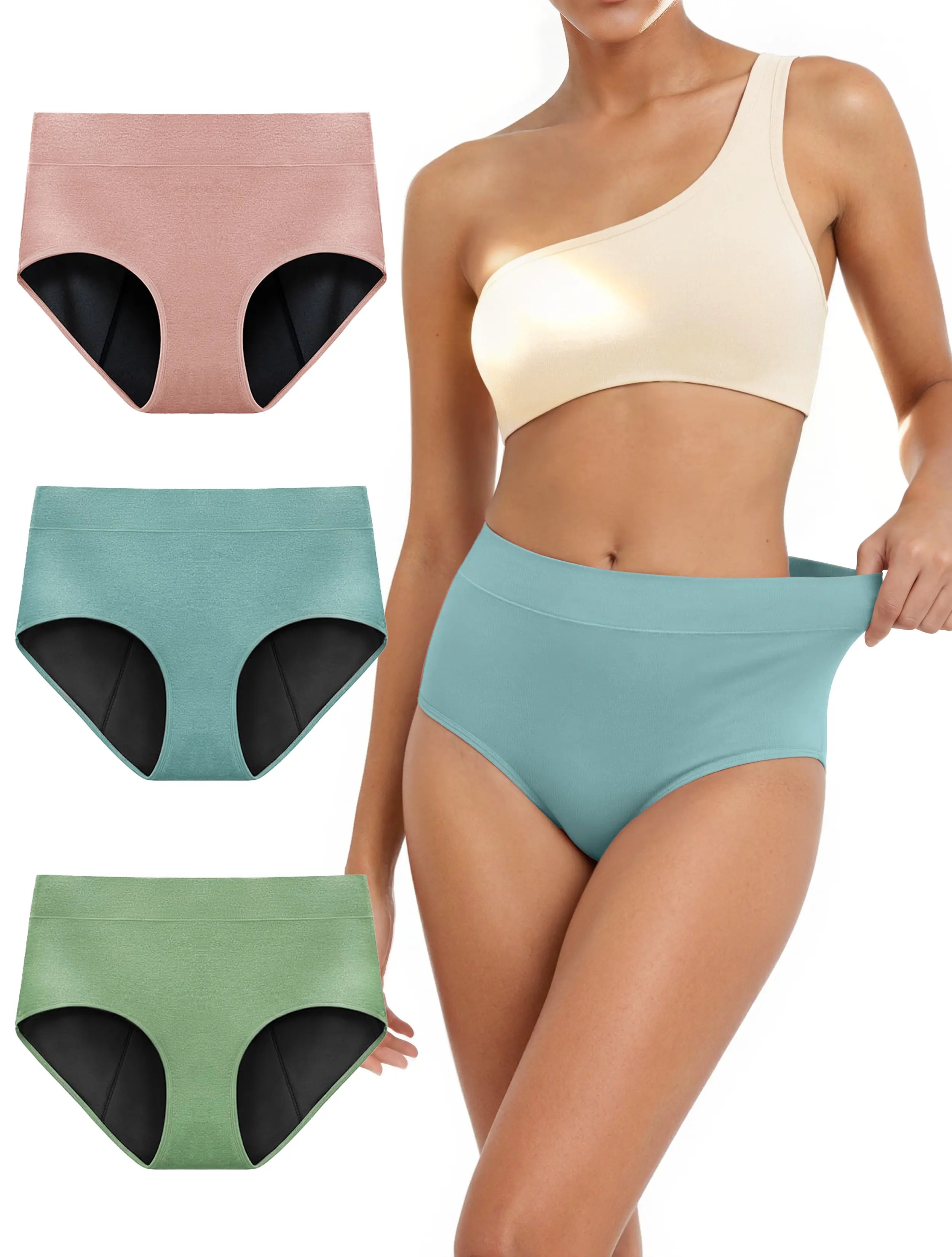 TIICHOO Women's Reusable Period Underwear, High-Waist Brief Period Panties with Oeko-Tex Fabric, Extended Liner, Heavy Flow Super Absorbency, Incontinence Support (3 Pack), Bottoms, Lady, Elastic, Lingerie, Waisted, Light