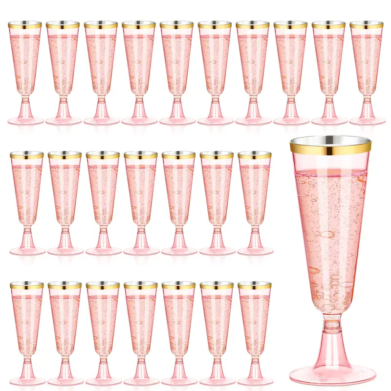 100 Clear Clear Pink Plastic Champagne Flutes, 5oz Plastic Wine Glasses, Assemble for Party Wedding Cocktail Cups