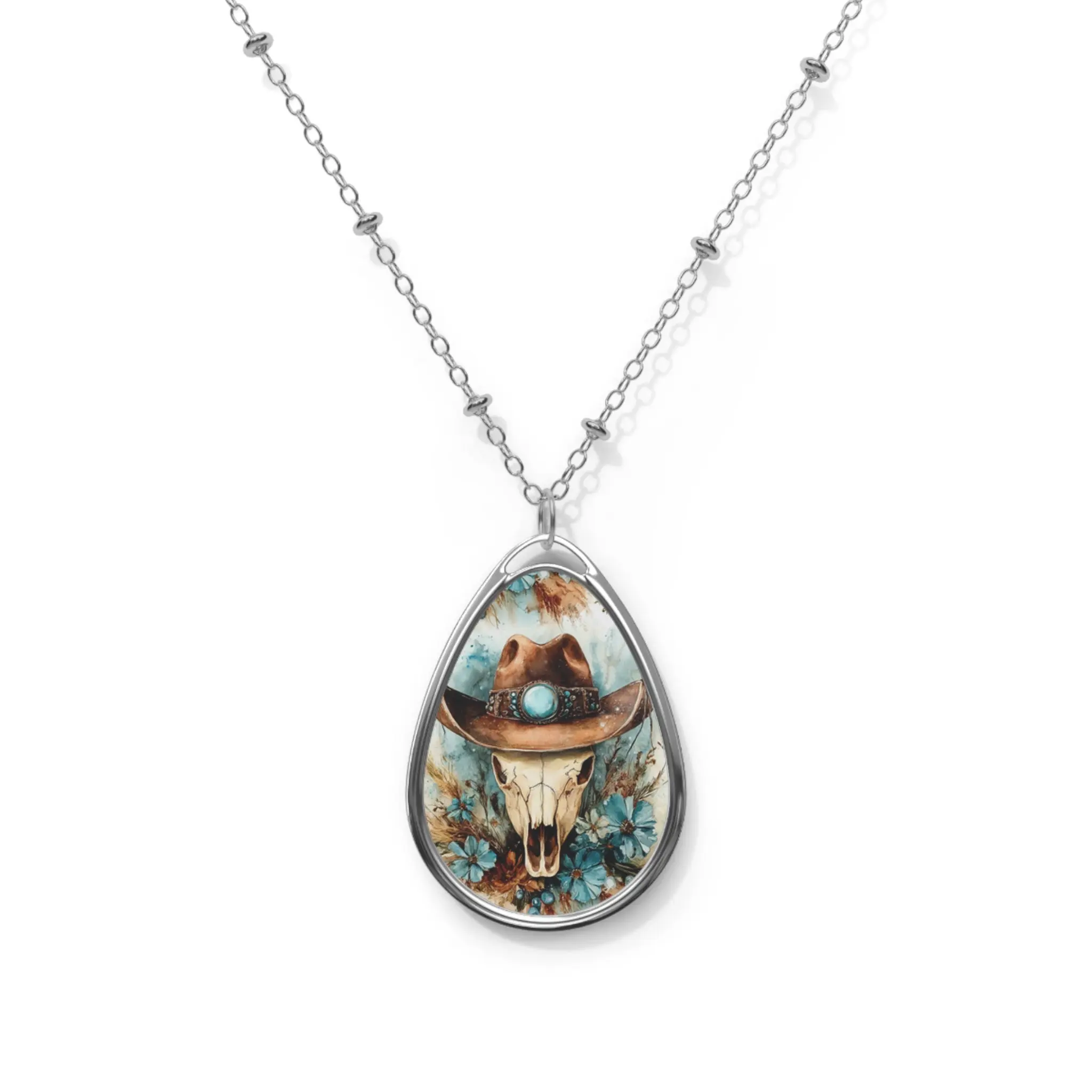 Cow Skull Western Oval Necklace — Turquoise Boho Pendant