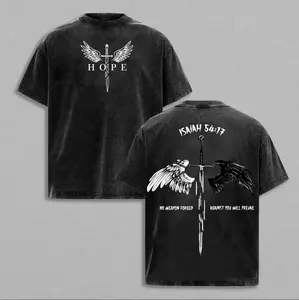 Menswear Short-Sleeve Round Neck Cotton T-Shirt, Washed Finish Unisex Christian Clothing with Isaiah "No Weapons" Scripture Verse, Sword & Angel Wings, Faith-Inspired Streetwear for Church & Gym,summervibes