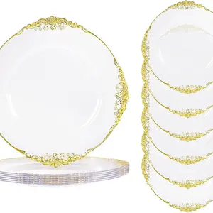 13 Inch Clear Plastic Charger Plates with Elegant Floral Trim, Reusable Decorative Tableware for Weddings, Banquets, Mother’s Day, Valentine’s Day & Special Occasions