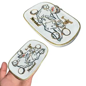 Relaxed Rabbit Tray - White with Gold Accents and Navy Blue Bunny Carving