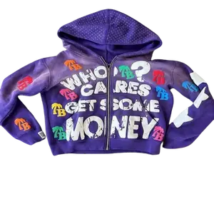 Unisexoversizedzipperhoodie-Whocaresaboutgettingsomemoney?PatternprintwithcolorfulTBletterpatchesY2Kstreetstylehip-hopsportswearmen'sandwomen'slongsleevedcasualjacketautumnandwinterfashionjacketstreetfash