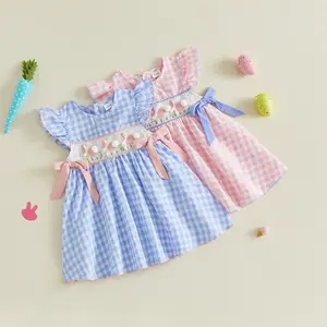 Toddler Baby Little Girl Easter Dress Flying Sleeve Rabbit Embroidery Plaid Print Bow A Line Dress 6M-5Y