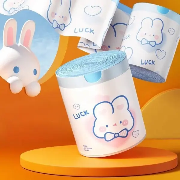 50-Count Cute Bunny Print Plastic Drawstring Trash Bags, Thick Leakproof Disposable Bin Liners, Tear-Resistant Drawstring Waste Bags Pack for Kitchen, Bathroom Home Use