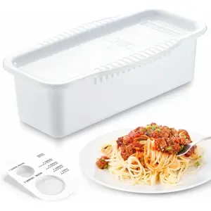 Microwave Pasta Spaghetti Cooker Pot with strainer lid, built-in water level mark and spaghetti portion measuring design. Perfect kitchen essential for dorm, office and apartment, quick and easy to cook pasta in minutes.