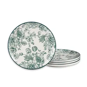 Vintage Green Rose Ceramic Dinner Plates, Set of 4, 10-Inch Large Serving Plates, Dining Plate Set, for Kitchen, Microwave, Oven & Dishwasher Safe, Dinnerware