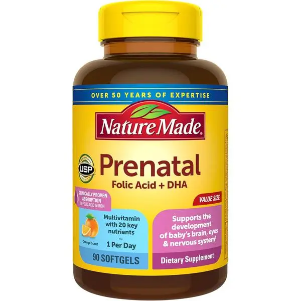 Nature Made Prenatal Vitamins for Women with Folic Acid + DHA, 90 Softgels | Prenatal Vitamin and Mineral Supplement for Daily Nutritional Support, With Folic Acid and 19 Other Nutrients, 90 Day Supply