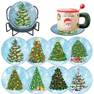 8 pieces of diamond painting set handicrafts coasters with brackets, preferred gift options, Christmas tree patterns, diamond art coasters for beverag
