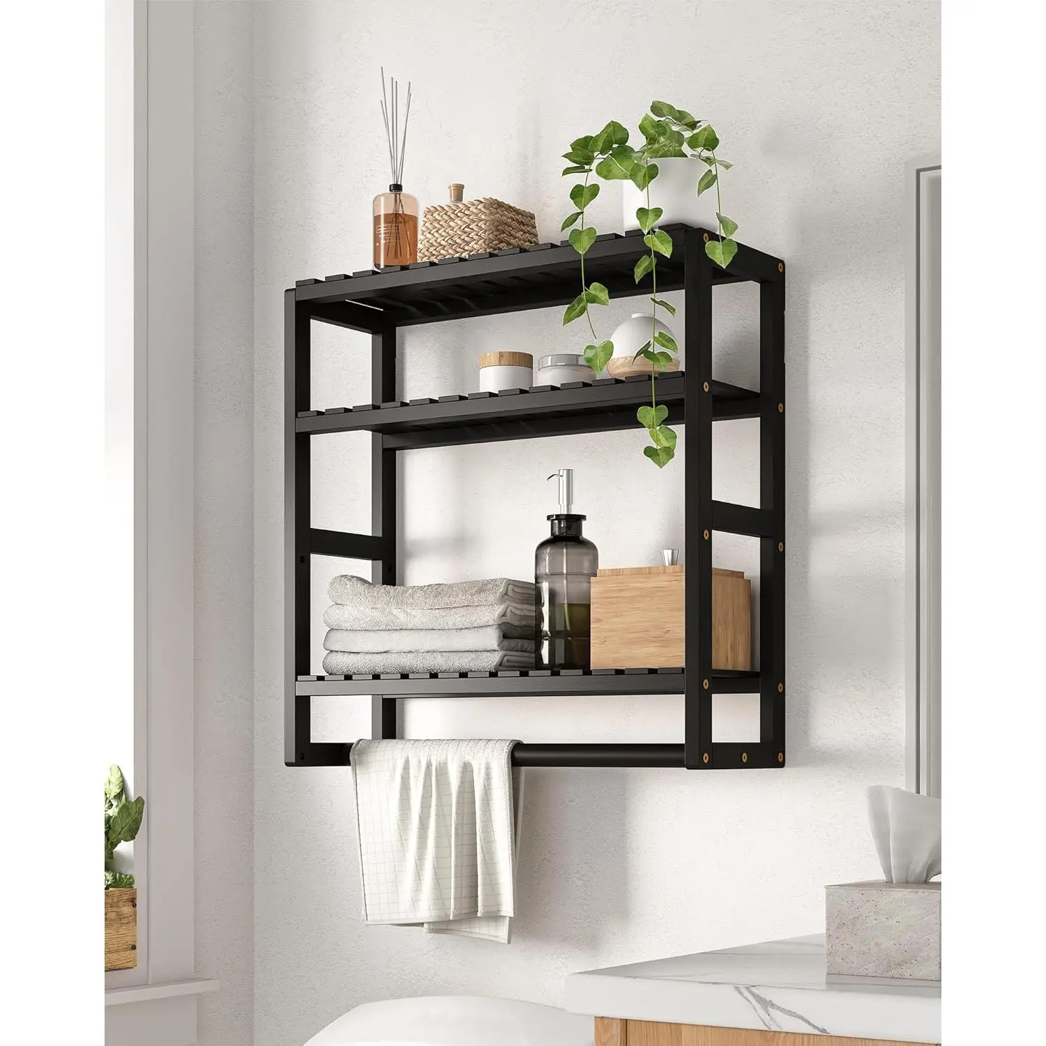 Over-the-Toilet Storage Bathroom Shelf Wall-Mounted Three-Layer Space-Saving Corner Rack Organizer Bamboo Towel Rack Toilet Paper Cabinet with Hanging Rod Black