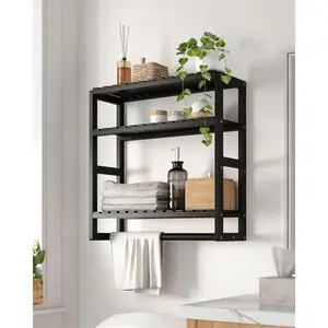 Over-the-Toilet Storage Bathroom Shelf Wall-Mounted Three-Layer Space-Saving Corner Rack Organizer Bamboo Towel Rack Toilet Paper Cabinet with Hanging Rod Black
