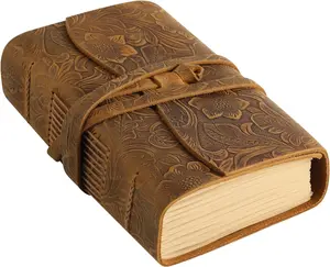 Leather Journal Writing Notebook for Women Men Unlined Paper 400 Kraft Pages, 7 X 5 inches, Vintage Journal Leather Bound Daily Notepad, Brown, Carving