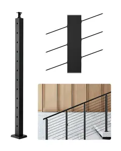 Cable Railing Post, 42x1x2 Inch Stair Post With Pre-Drilled 30 Degree Angled Holes, Stainless Steel Cable Rail Post With Horizontal And Curved Bracket, 1 Pack, Black Finish, Model 1JZLGZXHS106VRA3X001V0